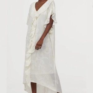 H&M Conscious Kaftan Dress Floral Ruffle Midi Flounce Cream M/L NWT